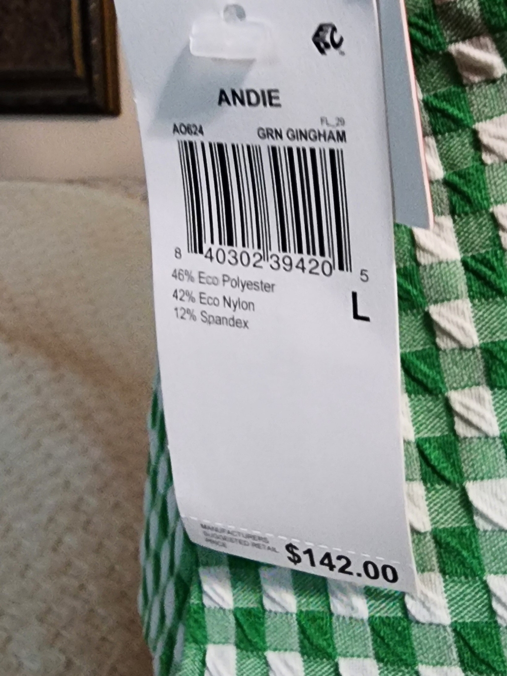 Andie Green Gingham One-Piece Swimsuit Sz Lrg - Picture 4 of 6